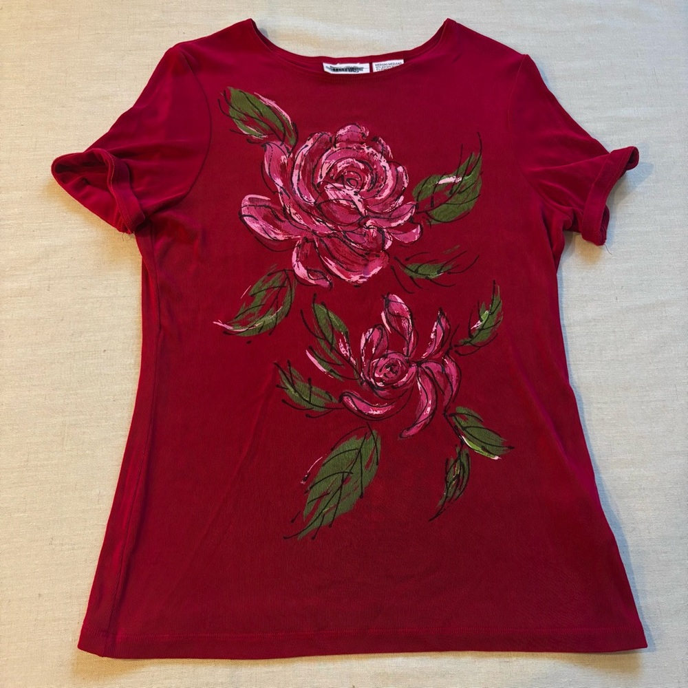 Vintage Units 90s Red Rose Floral Stretch Knit Tee Medium